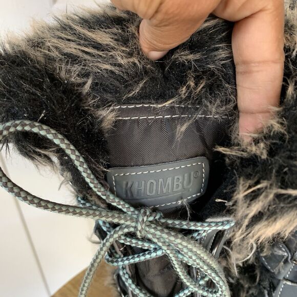 Women Lace Up Black Fur Trim Lined Winter Snow Boots Size 6 M Gray Khombu - Picture 8 of 16